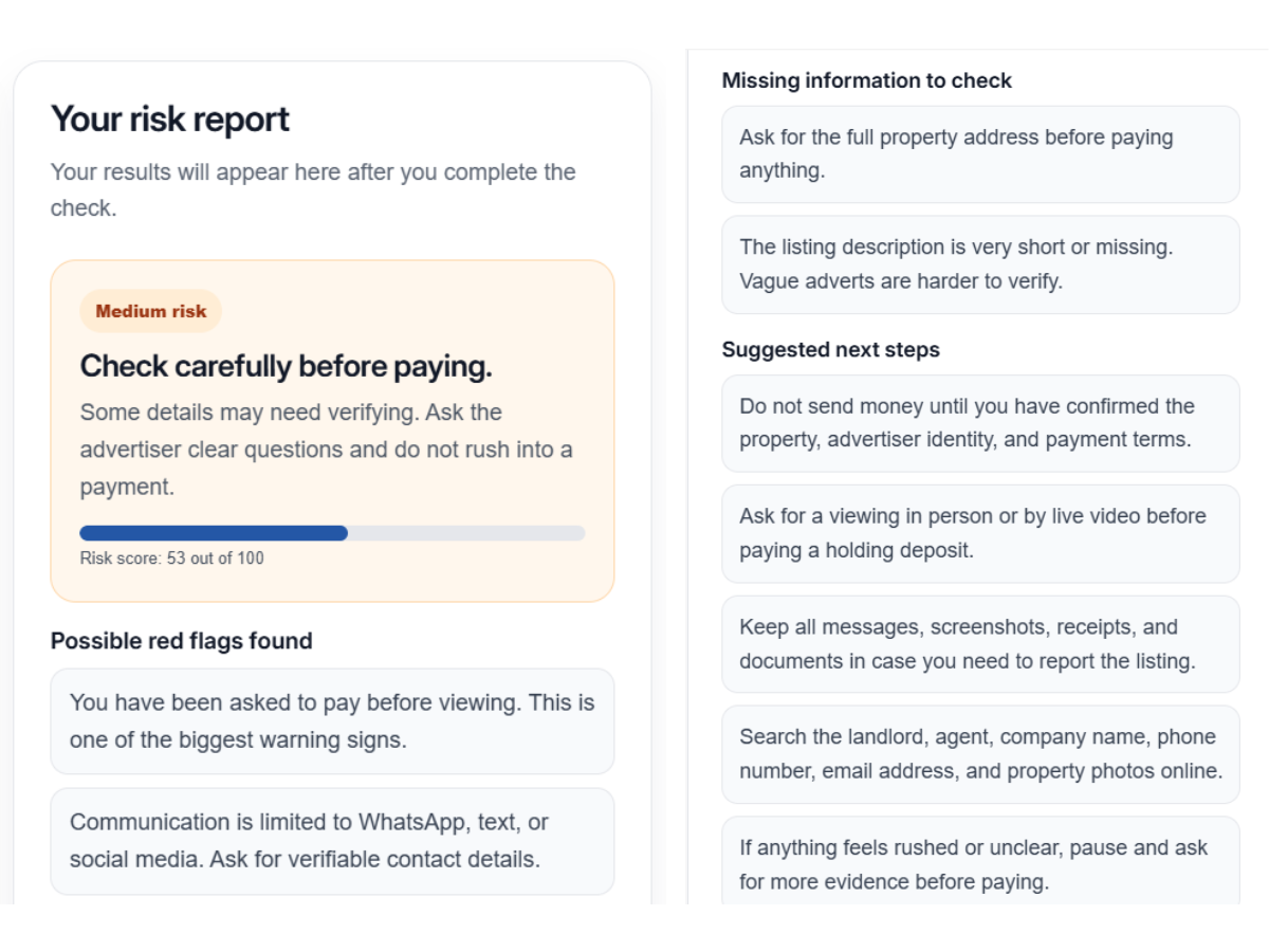 Example Before You Rent risk report showing rental warning signs